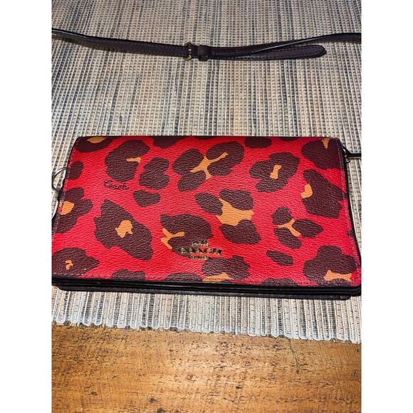 Coach Anna Foldover Crossbody Clutch w/Leopard Print‎ Gold Bright Poppy - Picture 3 of 11
